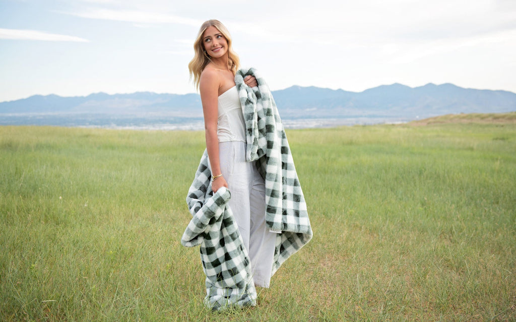 Gingham Check Silver Mist Plush Blanket Minky Couture