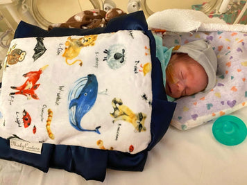 Heart of Minky: Leo - newborn baby swaddled in colorful animal-patterned blanket in NICU.