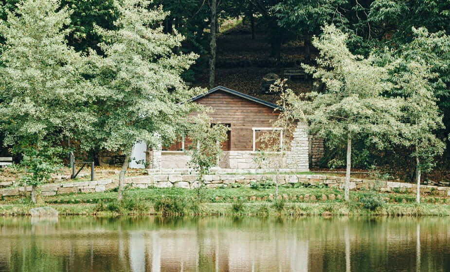 Style Steal: The Practical Guide to Decorating Your Log Cabin Interior - serene log cabin by a lake surrounded by trees