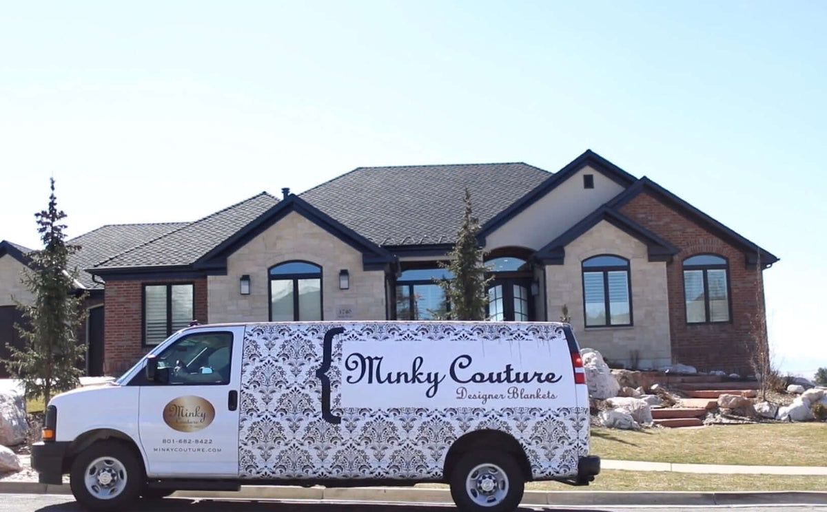 How Minky Couture Stays Safe During COVID-19 with a branded delivery van outside a home.