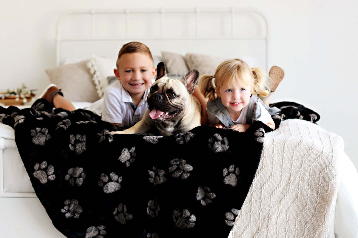 How to Help Your Pets Stay Warm in Winter: Kids snuggling with a dog on a cozy blanket.