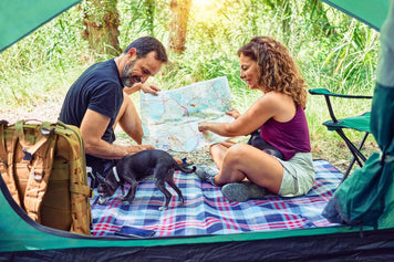 Outdoor Travel Blankets: Camping Essentials for Travelers in use by a couple with a dog inside a tent.