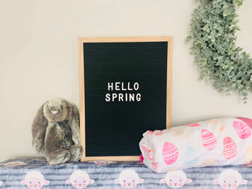 5 Letter Board Quotes You Need For Spring with a letter board saying Hello Spring and a bunny toy.