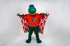 Florida Gators Blanket draped over the Florida Gators mascot in an orange shirt with checkered pattern background.