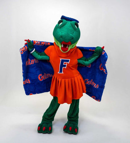 Florida Gators Blanket showcased by a mascot in team colors, promoting vibrant spirit and comfort.