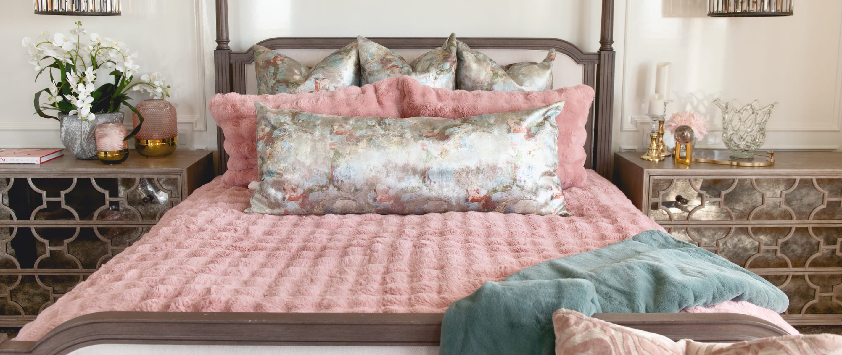 Ballet Rose Cloud Duvet set on a beautifully styled bed with blush pink pillows and elegant decor.