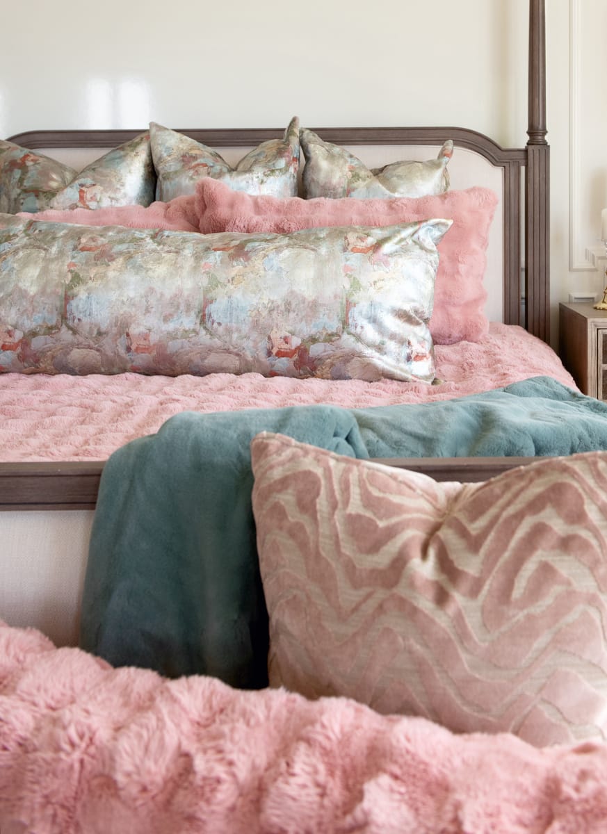 Ballet Rose Cloud Duvet with plush pillows in soft blush and teal hues for a luxurious bedding aesthetic.