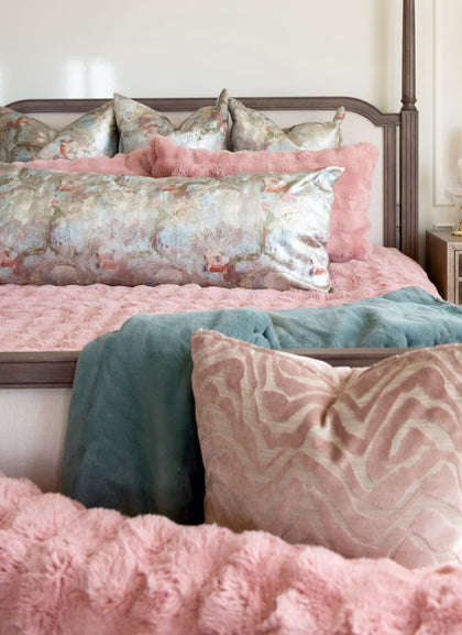 Ballet Rose Cloud Duvet with plush pillows in soft blush and teal hues for a luxurious bedding aesthetic.