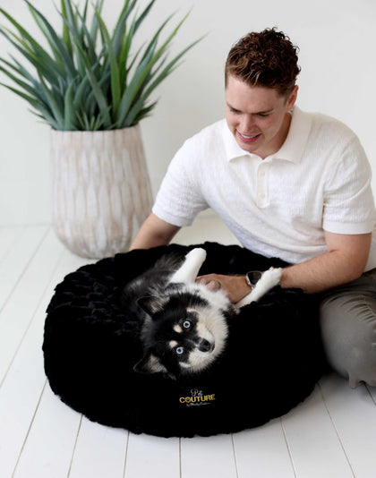 Minky Couture Black Crinkle Pet Bed cover featuring a dog and owner enjoying cozy time together.