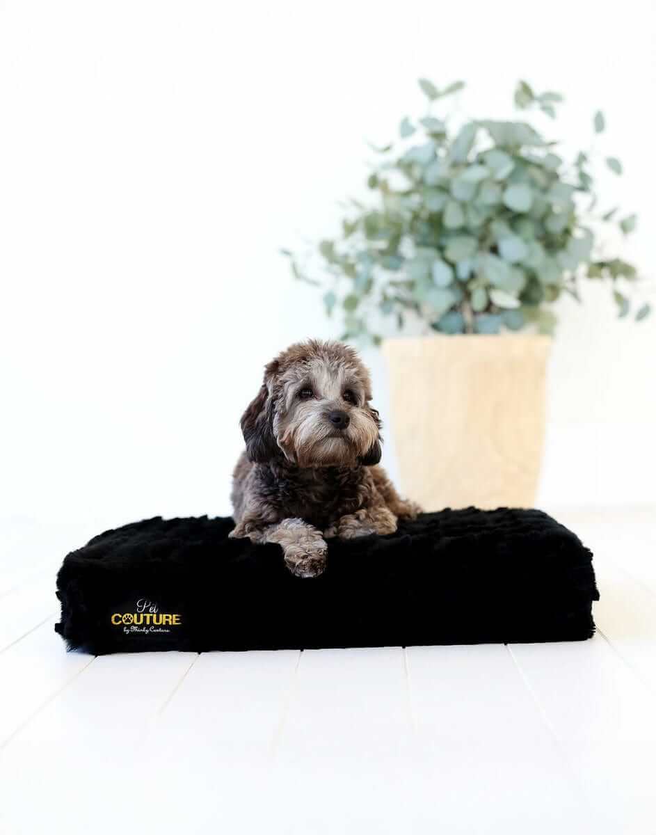 Stylish Black Crinkle Pet Crate Pad cover with a dog resting comfortably.