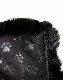 Black Crinkle Pet Crate Pad cover with paw prints and zipper detail for easy removal and cleaning.