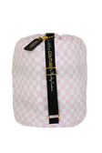 Pink Check Sleeping Bag, rolled up with pink checkered pattern and black strap, perfect for travel and storage.