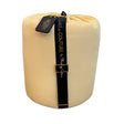 Butter yellow baby sleeping bag rolled with black Little Couture strap and gold hardware.