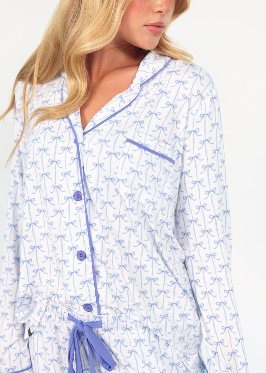 Women's Button Up Pant Set - Baby Blue Bow