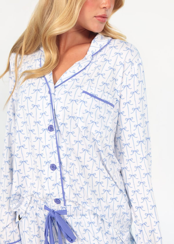 Women's Button Up Pant Set - Baby Blue Bow