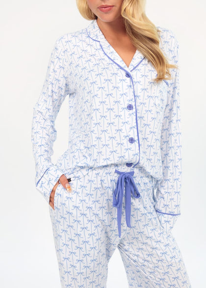 Women's Button Up Pant Set - Baby Blue Bow