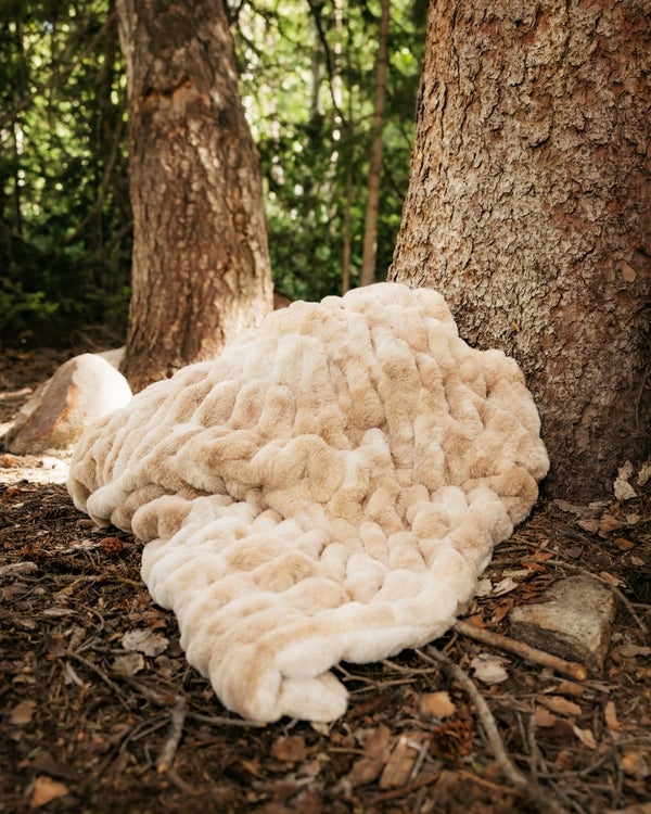 A chunky, textured Minky Couture Hugs Caramel Cotton Candy blanket in cream and light tan is draped over the base of a large tree trunk in a wooded outdoor setting.