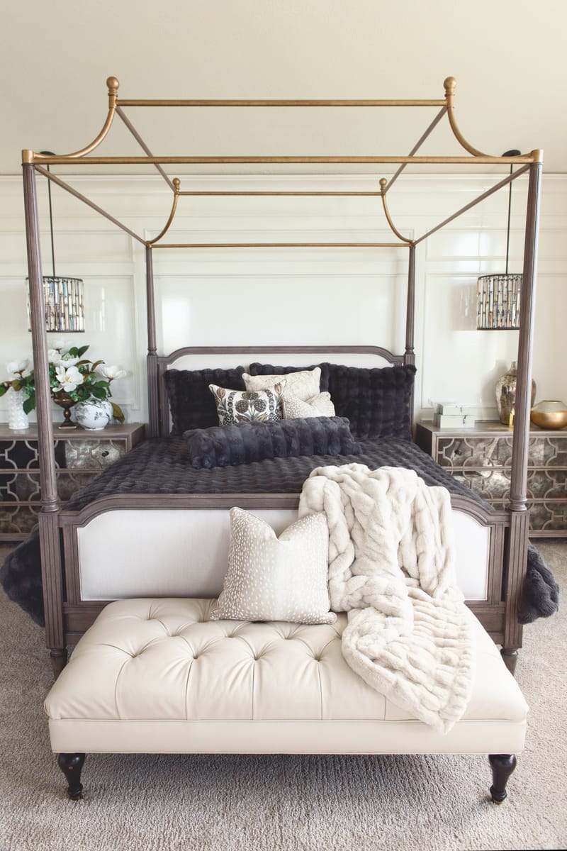 Charcoal Cloud Duvet on a canopy bed with elegant decor in a modern bedroom setting.