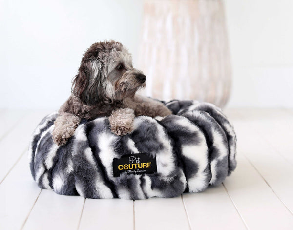 Minky Couture Cloudy Day Black Pet Bed cover, featuring a cozy and stylish design with a dog relaxing on the soft fabric.