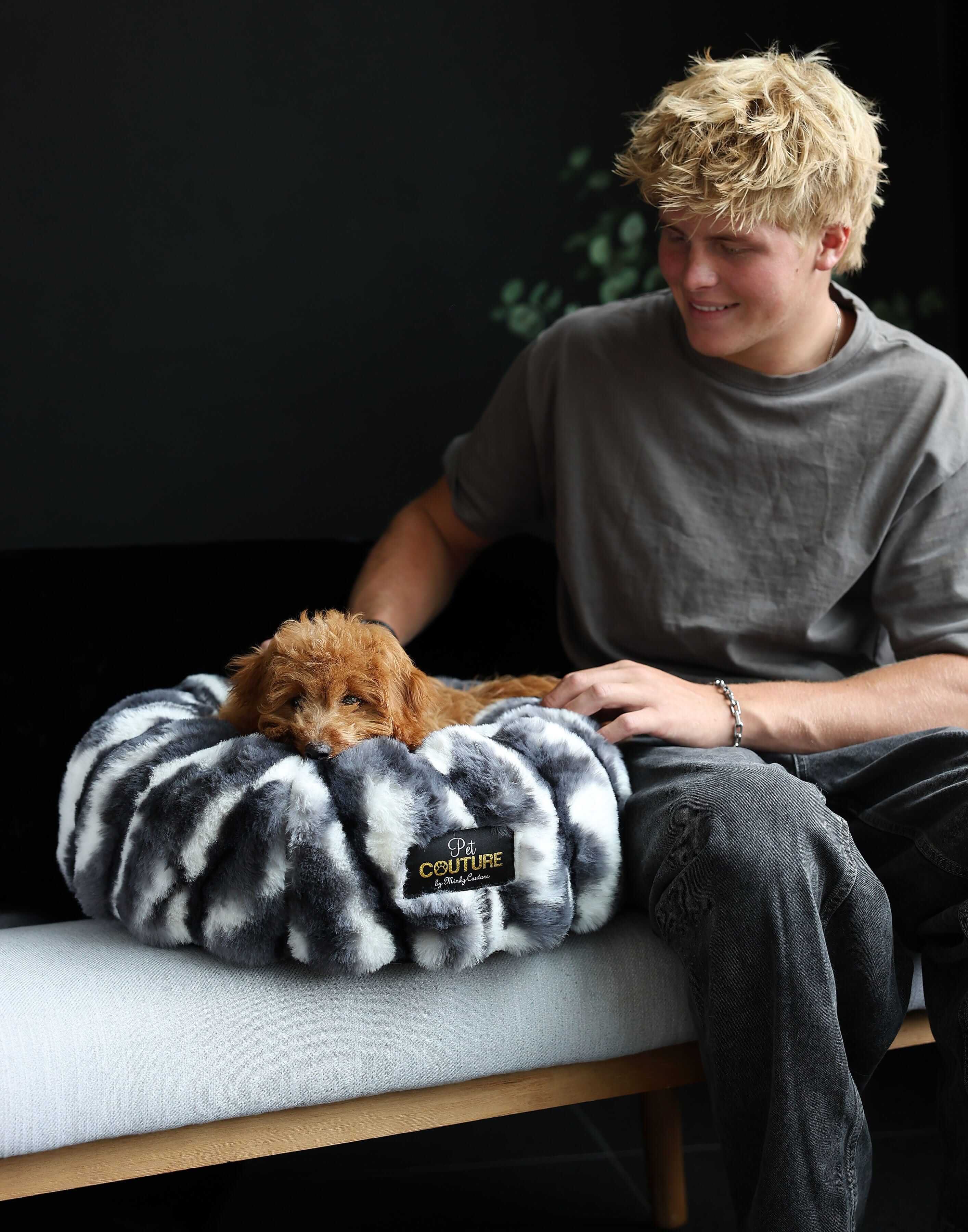Minky Couture Cloudy Day Black Pet Bed cover with a dog resting on it, showcasing cozy and stylish pet bedding.
