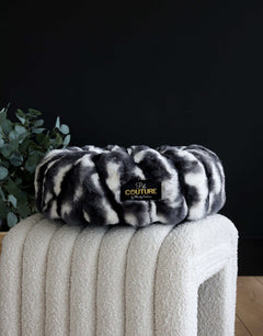 Minky Couture Cloudy Day Black Pet Bed cover placed on a modern cream pet bed.