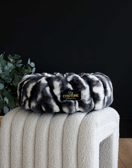Minky Couture Cloudy Day Black Pet Bed cover placed on a modern cream pet bed.