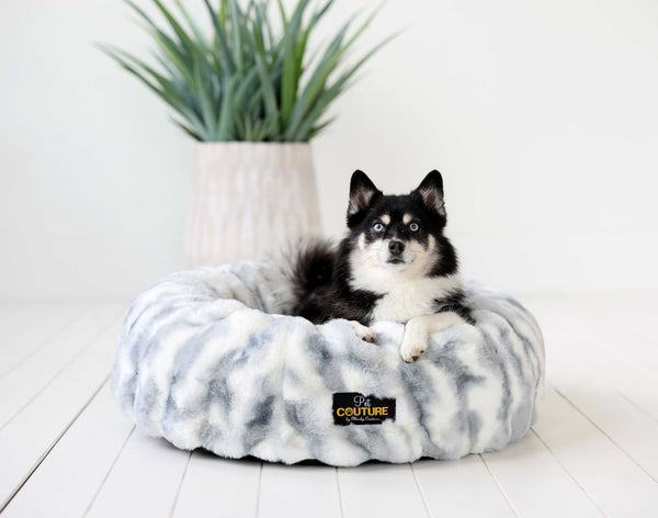 Minky Couture Cloudy Day Blue Pet Bed cover with a cozy dog resting on it framed by indoor greenery.