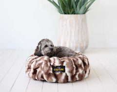 Cloudy Day Brown Pet Bed cover showcased with a dog relaxing on a cozy, stylish pet bed.