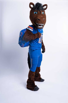 Boise State Broncos Hooded Stadium Blanket mascot in blue and orange outfit with backpack.