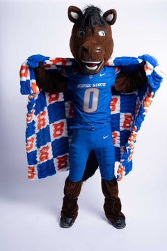 Boise State Broncos Blanket wrapped around Boise State University mascot in team colors.