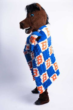Boise State Broncos Blanket wrapped around a mascot with orange and blue checkered pattern.