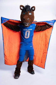 Minky Blanket displayed by Boise State Broncos mascot in blue and orange.