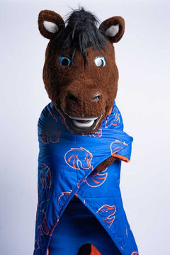 Boise State Broncos Hooded Stadium Blanket worn by a mascot with a horse head.