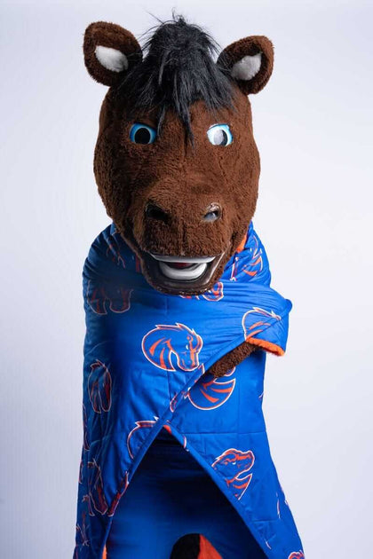 Boise State Broncos Hooded Stadium Blanket worn by a mascot with a horse head.