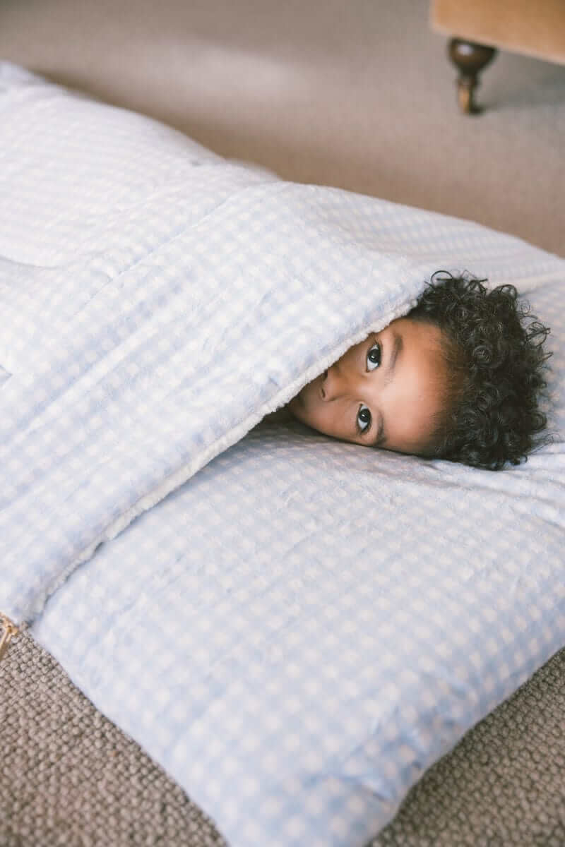 Child peeking out from a Minky Couture Sleeping Bag Dusty Blue Gingham.