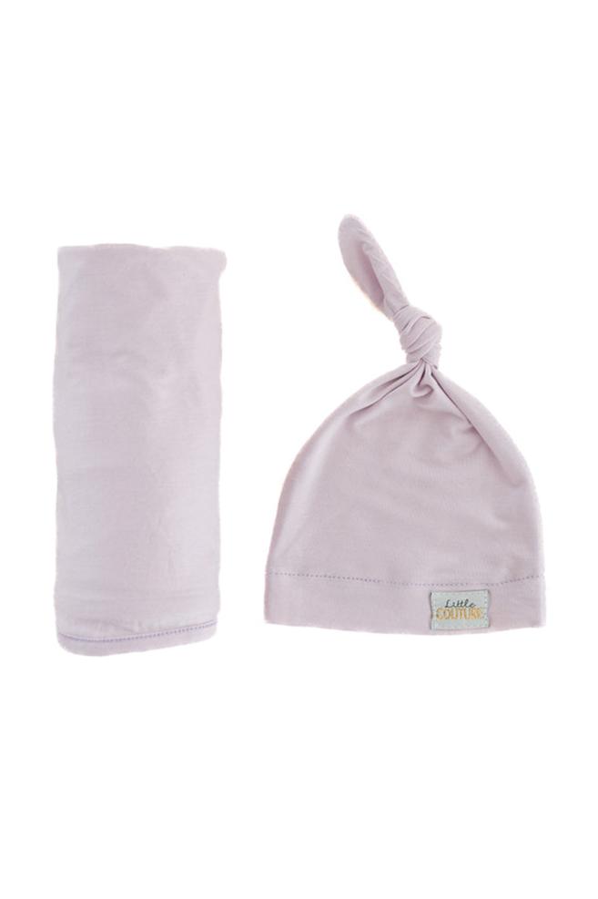 Swaddle and Hat Lavender set featuring a soft bamboo swaddle and matching hat for cozy baby sleep.