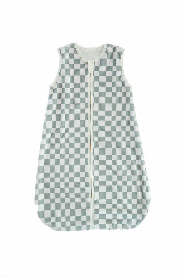 Sage Check Wearable Minky Blanket with a green checkered pattern and gold zipper, designed for infant safety.