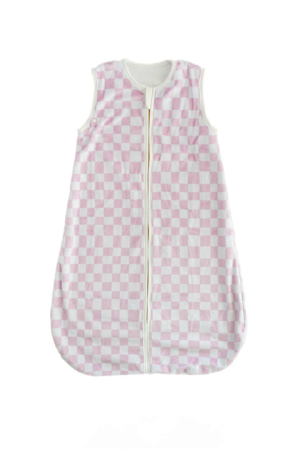 Pink Check Wearable Minky Couture Blanket with light pink check pattern and gold zipper.
