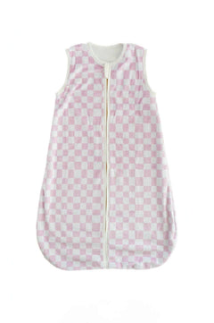 Pink Check Wearable Minky Couture Blanket with light pink check pattern and gold zipper.