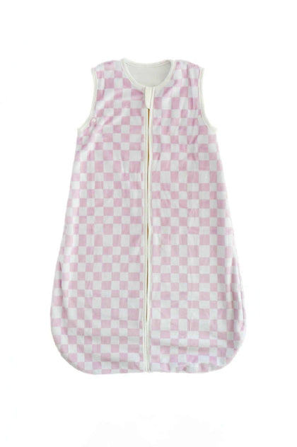 Pink Check Wearable Minky Couture Blanket with light pink check pattern and gold zipper.