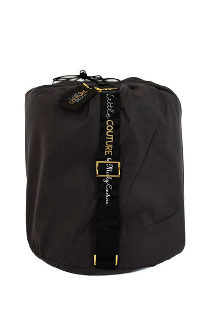 Sleeping Bag in Charcoal color, packed with elastic straps for easy storage and transport.