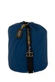 Navy Sleeping Bag rolled and secured with elastic strap from Minky Couture for easy storage and transport.