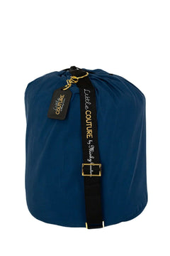Navy Sleeping Bag rolled and secured with elastic strap from Minky Couture for easy storage and transport.