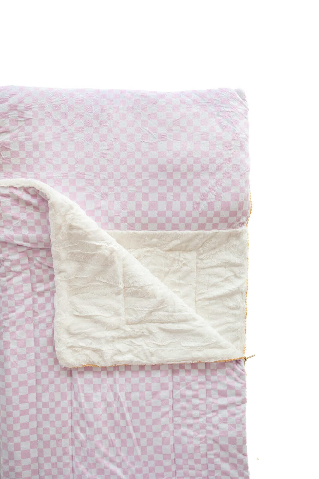 Sleeping Bag Pink Check with soft Minky shell and plush lining, perfect for cozy slumber parties.