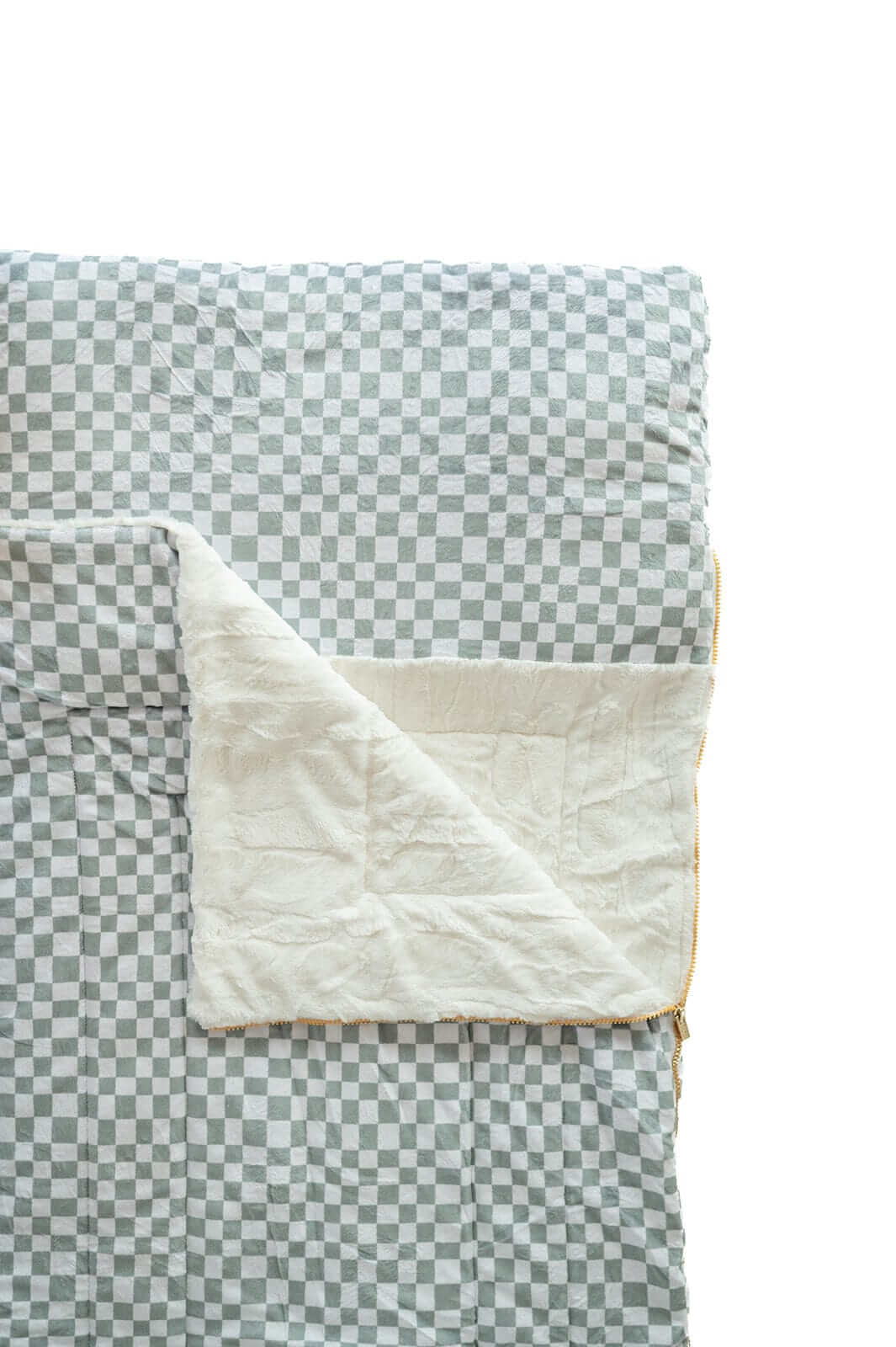 Sage Check Sleeping Bag featuring a cozy checkered pattern and soft plush lining for comfort and warmth.