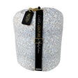 Floral baby sleeping bag storage bag with soft blue and beige pattern, black Little Couture strap, and gold hardware.