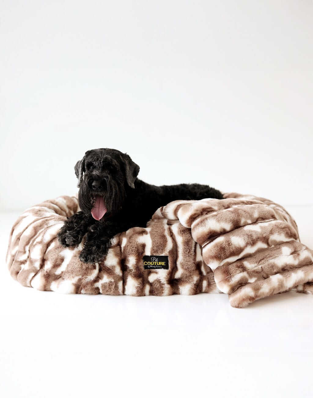 Black dog lounging on a brown Minky Couture pet bed against a white background.