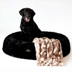 Black dog sitting in a black Minky Couture pet bed with a folded weighted blanket.