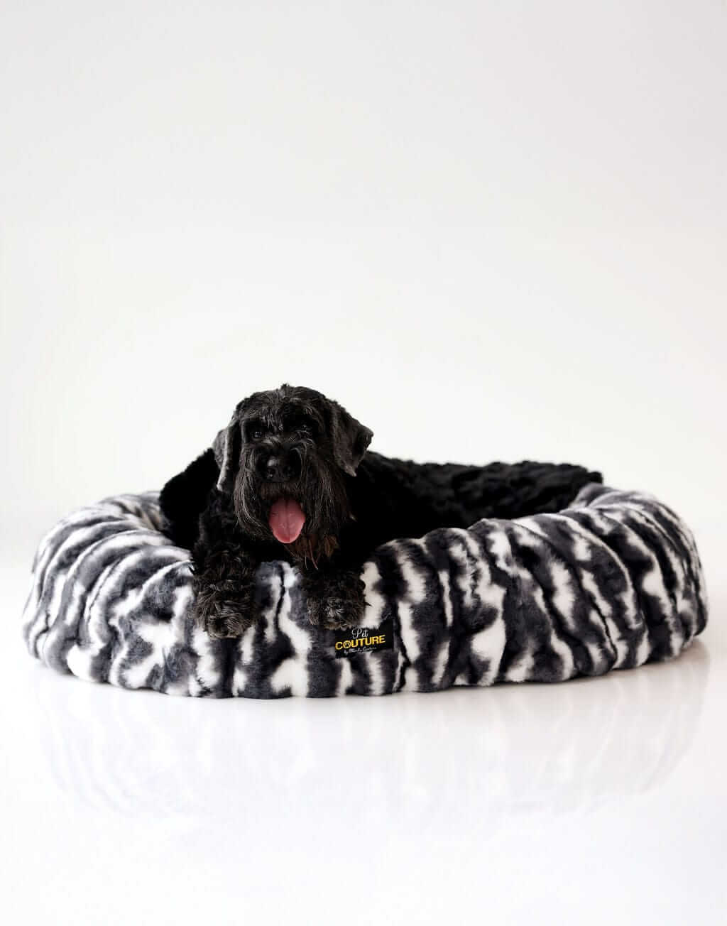 Black dog resting on a Minky Couture dog bed against a white background.