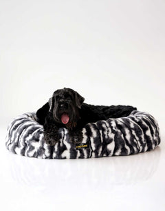 Black dog resting on a Minky Couture dog bed against a white background.